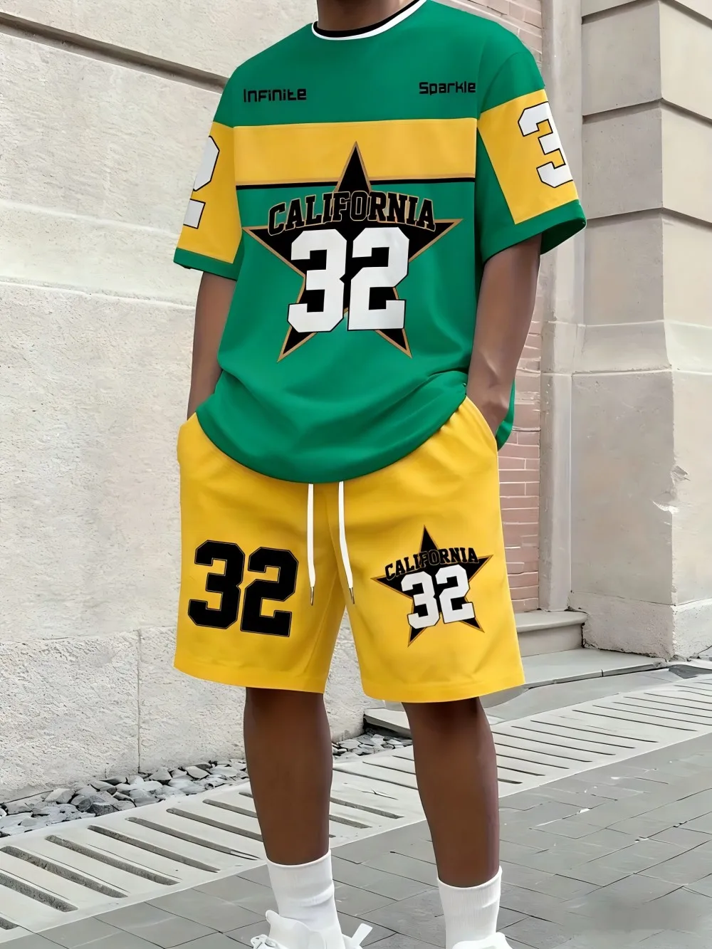 American Men's Summer Letter Stripe Print Comfortable Breathable Round Neck T-Shirt Drawstring Shorts Set Outdoor Streetwear
