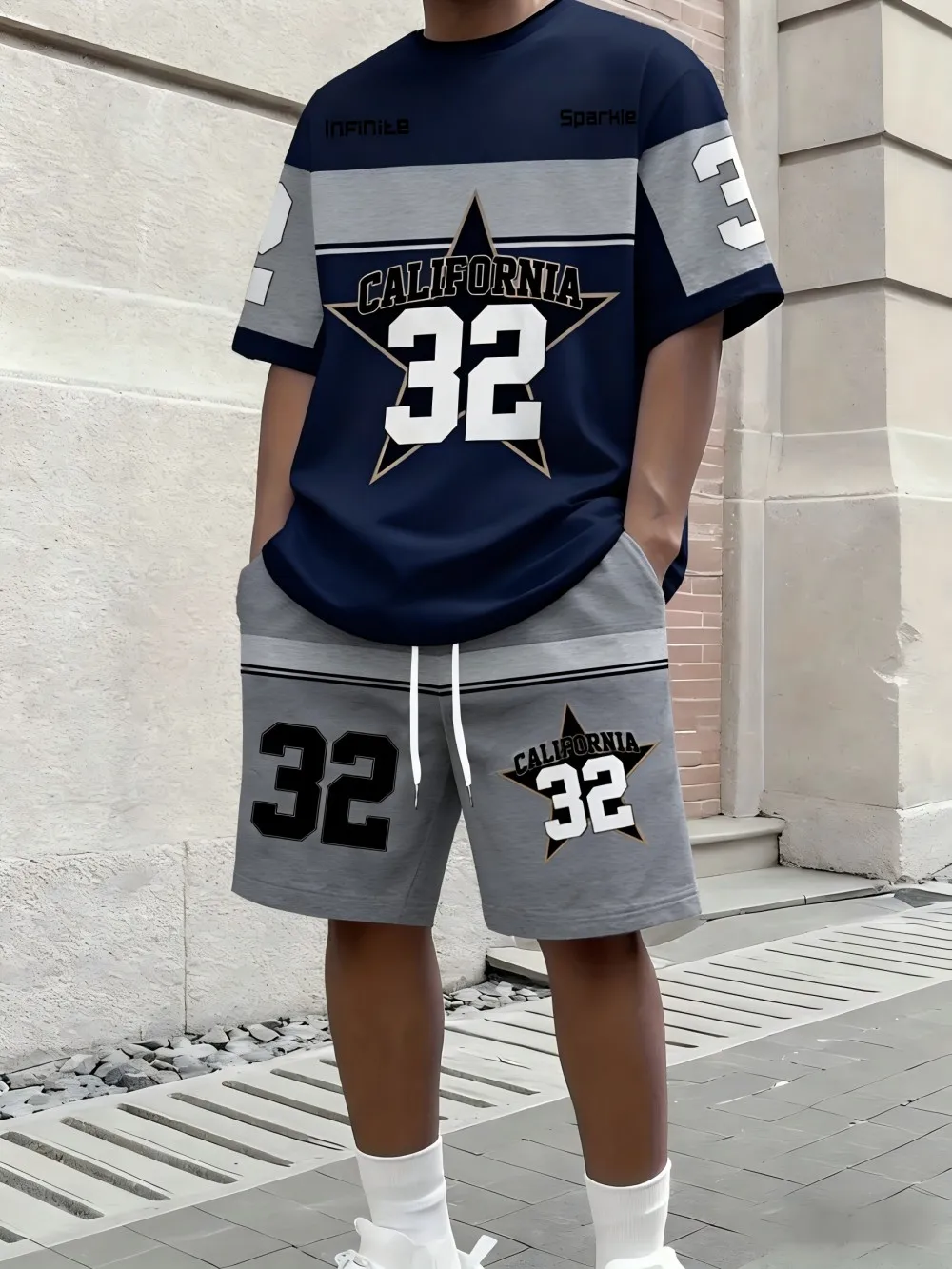 American Men's Summer Letter Stripe Print Comfortable Breathable Round Neck T-Shirt Drawstring Shorts Set Outdoor Streetwear
