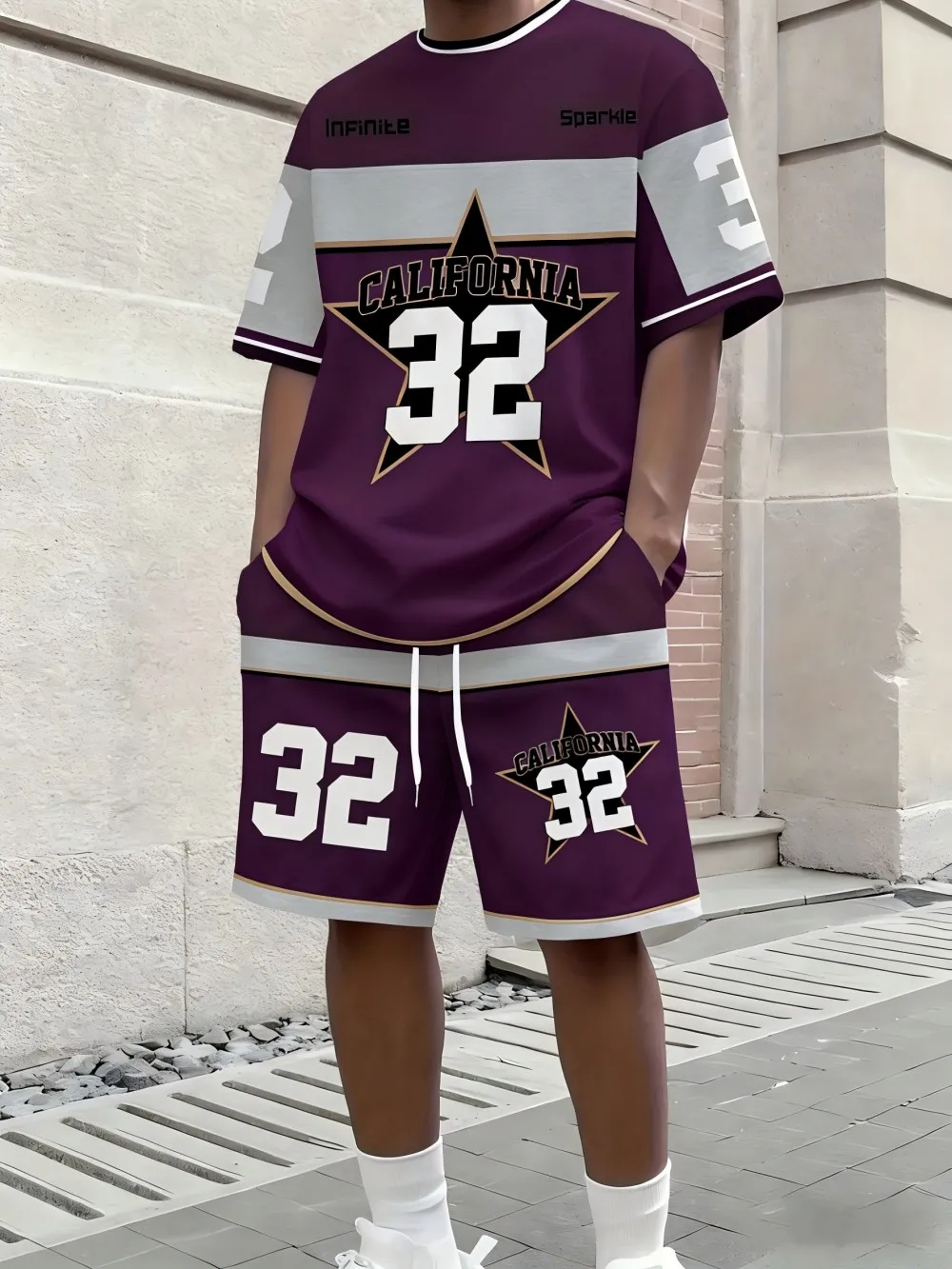 American Men's Summer Letter Stripe Print Comfortable Breathable Round Neck T-Shirt Drawstring Shorts Set Outdoor Streetwear