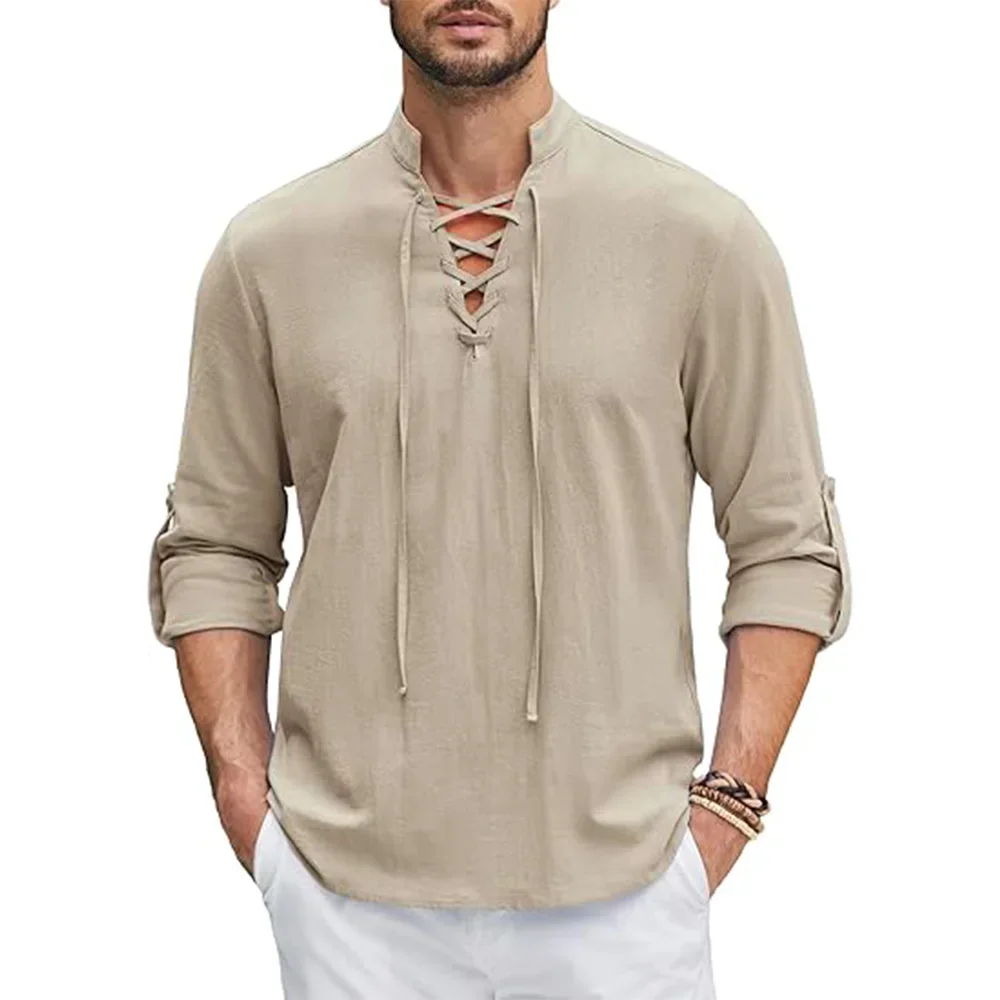 1Men's Renaissance Shirt Pirate Medieval Viking Top Cotton Linen Shirts Men Long Sleeved Halloween Costume