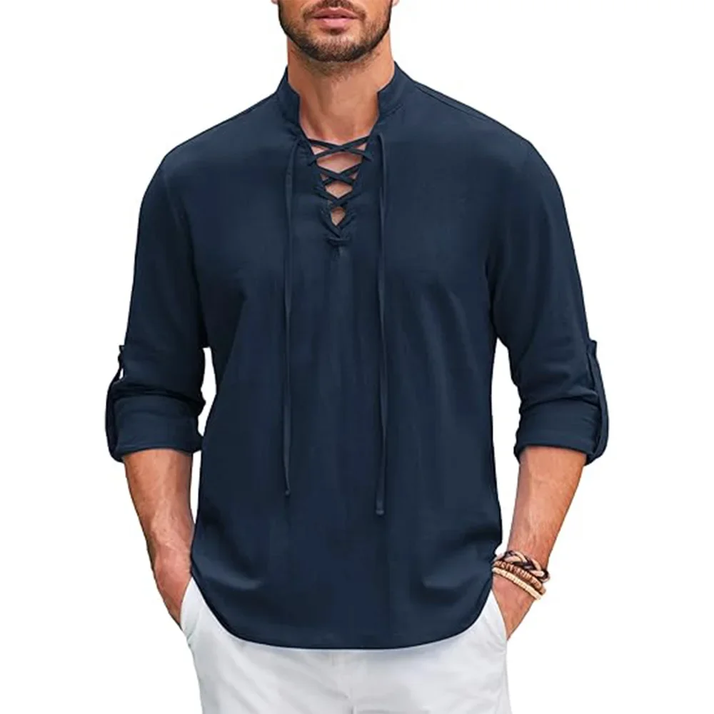 1Men's Renaissance Shirt Pirate Medieval Viking Top Cotton Linen Shirts Men Long Sleeved Halloween Costume