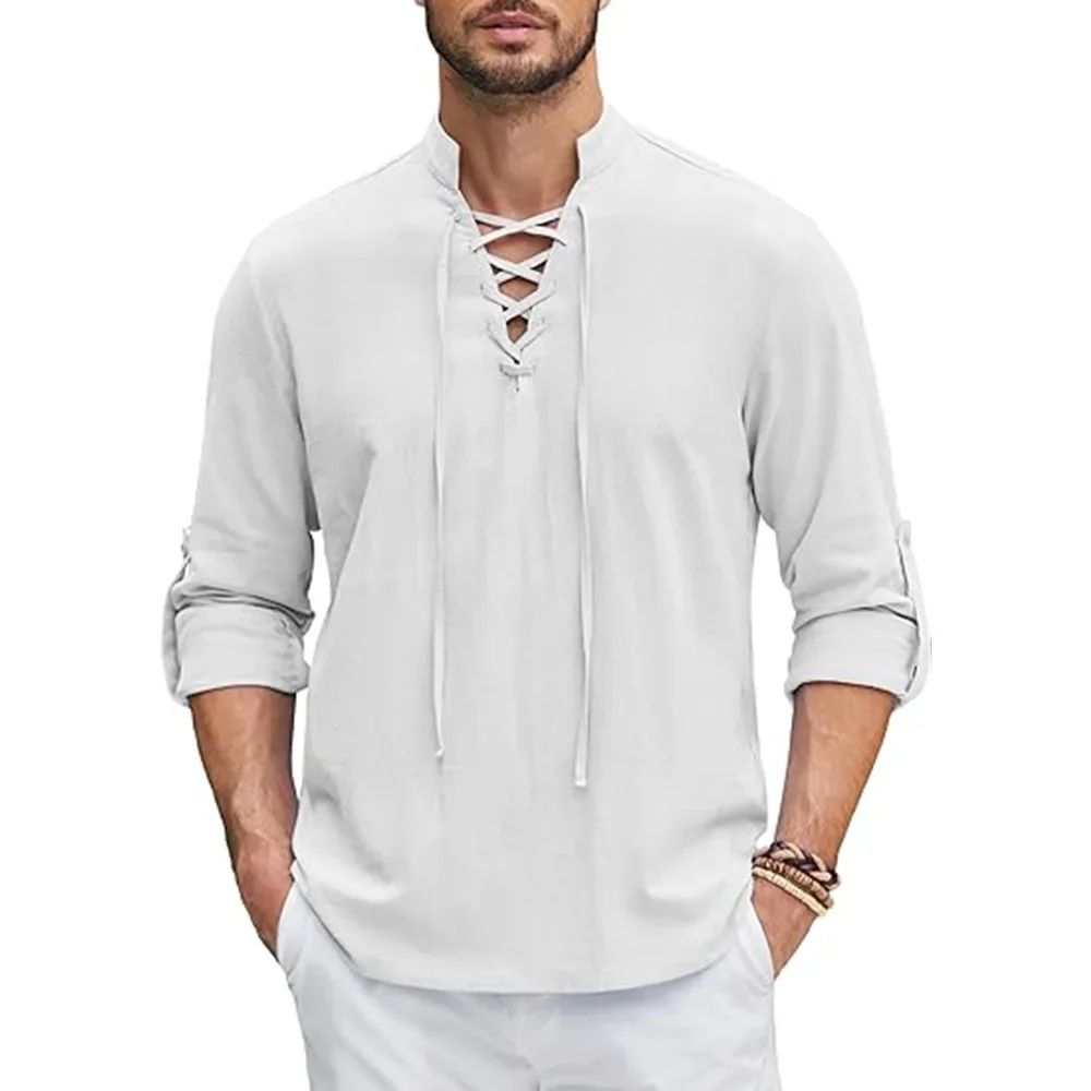 1Men's Renaissance Shirt Pirate Medieval Viking Top Cotton Linen Shirts Men Long Sleeved Halloween Costume