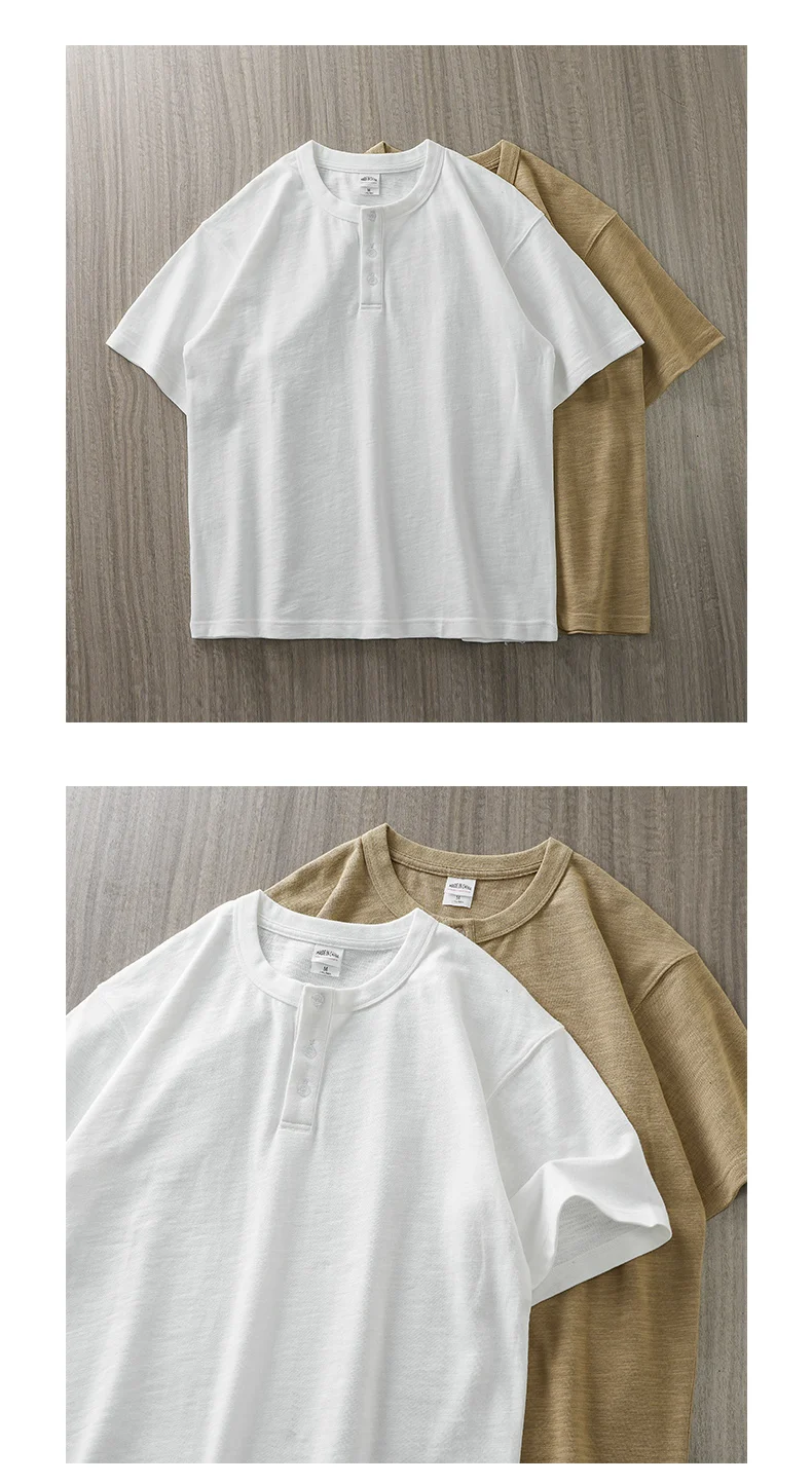Dukeen 320g Heavyweight Henley Shirt for Men Short Sleeved Summer 100% Cotton Oversized White T Shirt Man Clothing