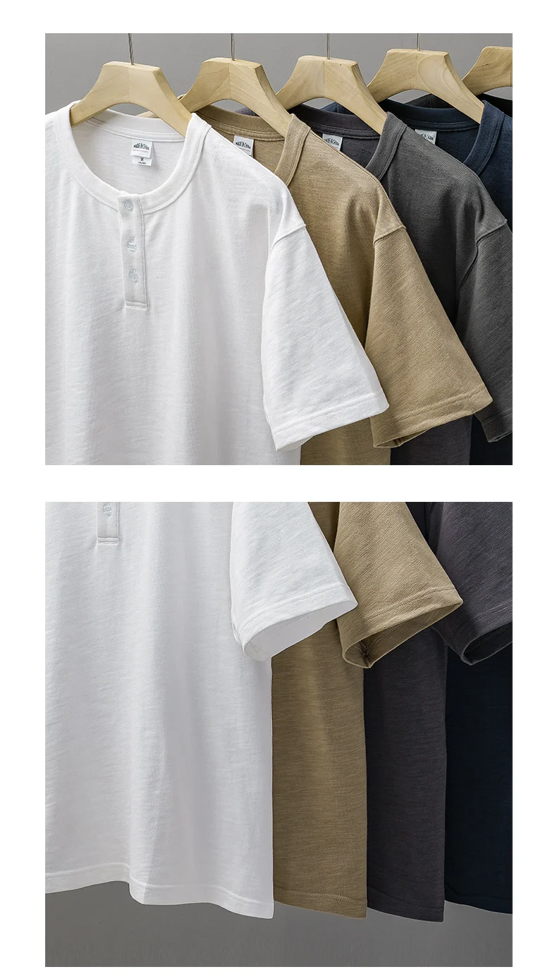 Dukeen 320g Heavyweight Henley Shirt for Men Short Sleeved Summer 100% Cotton Oversized White T Shirt Man Clothing