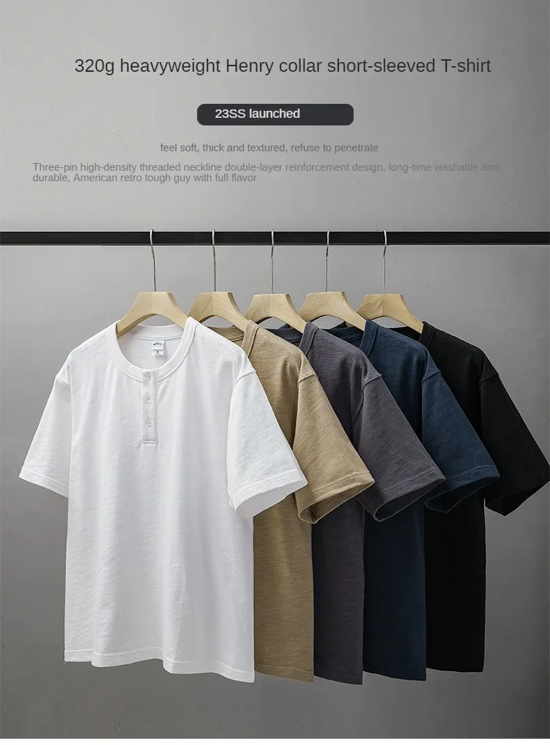 Dukeen 320g Heavyweight Henley Shirt for Men Short Sleeved Summer 100% Cotton Oversized White T Shirt Man Clothing