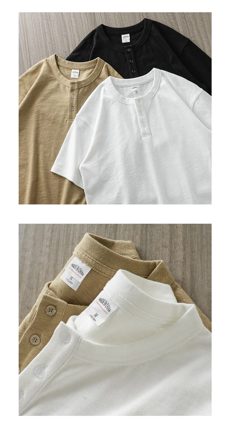 Dukeen 320g Heavyweight Henley Shirt for Men Short Sleeved Summer 100% Cotton Oversized White T Shirt Man Clothing