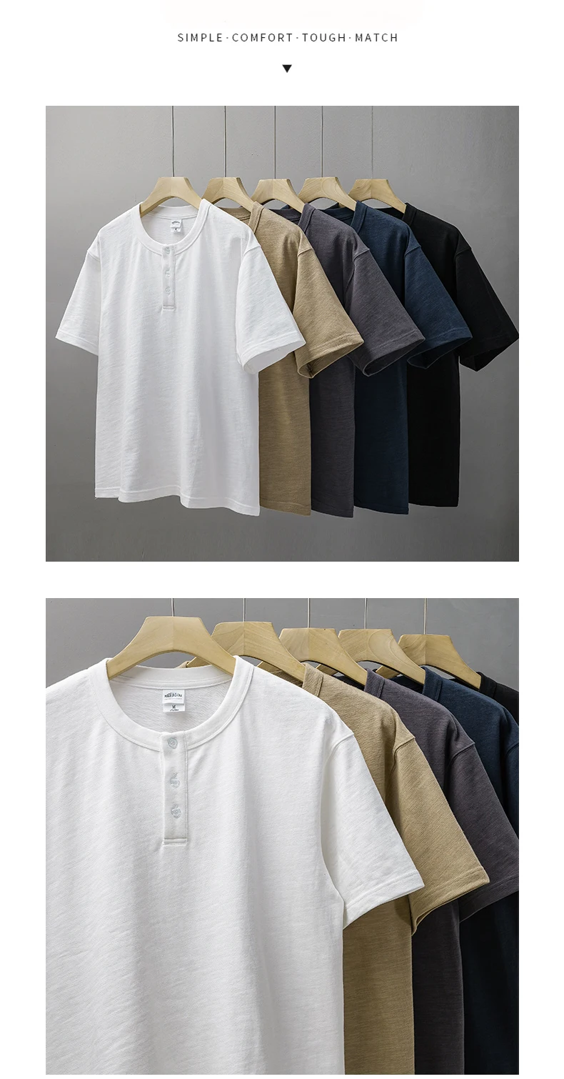 Dukeen 320g Heavyweight Henley Shirt for Men Short Sleeved Summer 100% Cotton Oversized White T Shirt Man Clothing