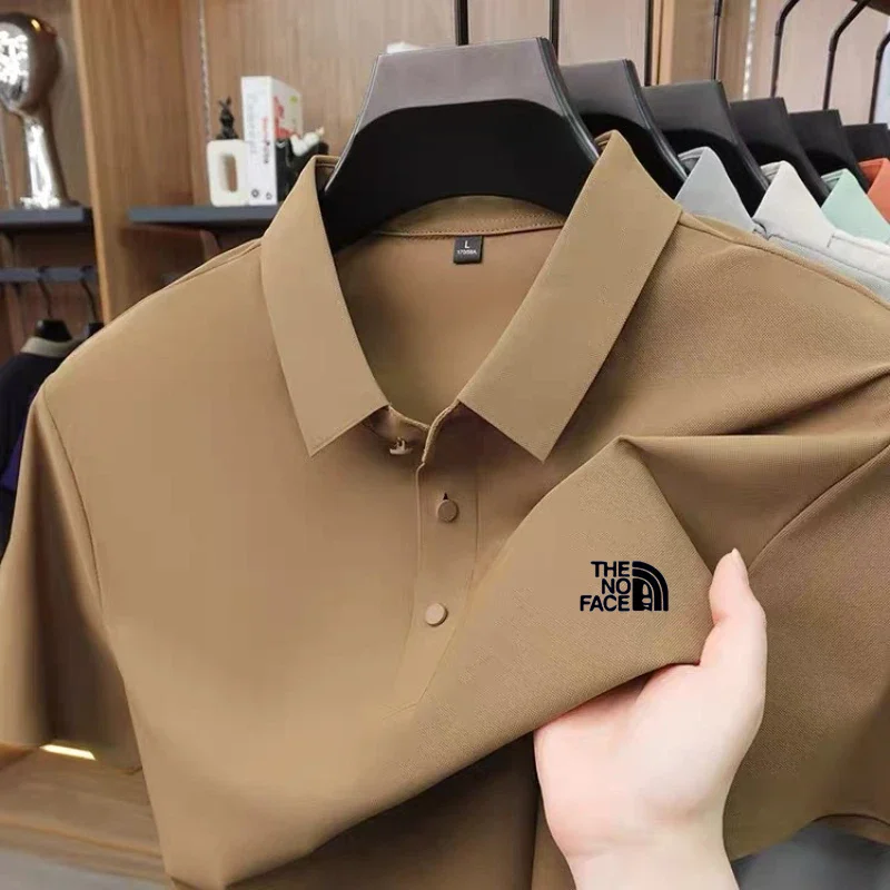 High quality ice silk polo shirt short sleeved men's high-end brand printed top comfortable and breathable casual summer T-shirt