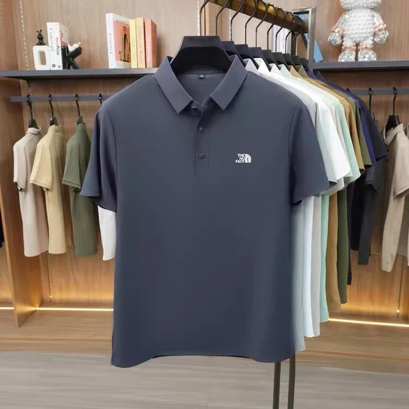 High quality ice silk polo shirt short sleeved men's high-end brand printed top comfortable and breathable casual summer T-shirt