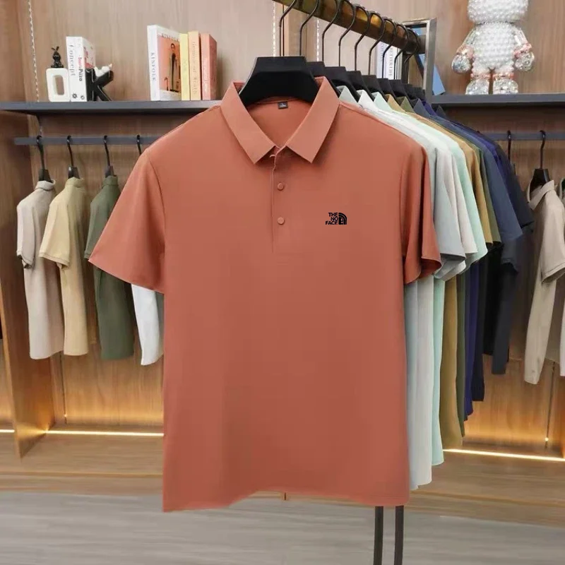 High quality ice silk polo shirt short sleeved men's high-end brand printed top comfortable and breathable casual summer T-shirt
