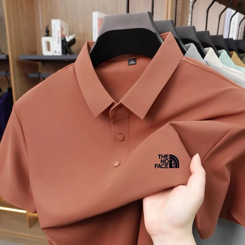 High quality ice silk polo shirt short sleeved men's high-end brand printed top comfortable and breathable casual summer T-shirt
