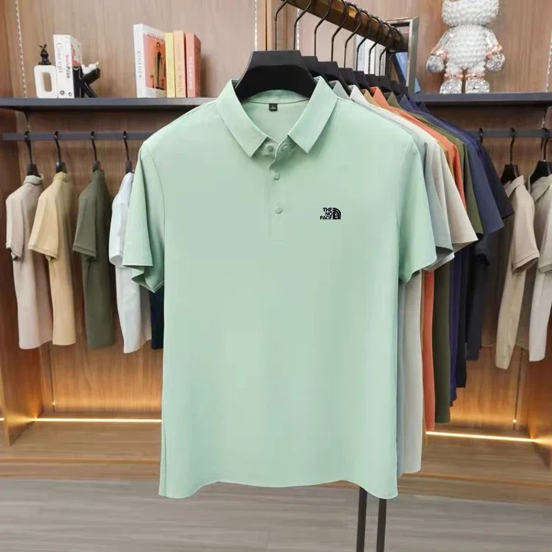 High quality ice silk polo shirt short sleeved men's high-end brand printed top comfortable and breathable casual summer T-shirt