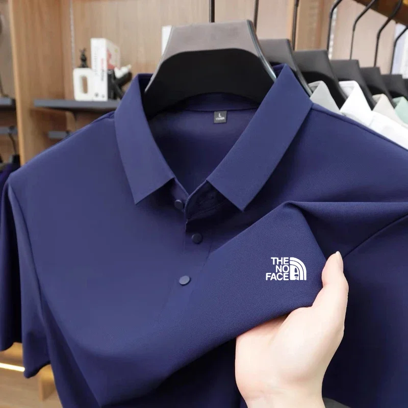 High quality ice silk polo shirt short sleeved men's high-end brand printed top comfortable and breathable casual summer T-shirt