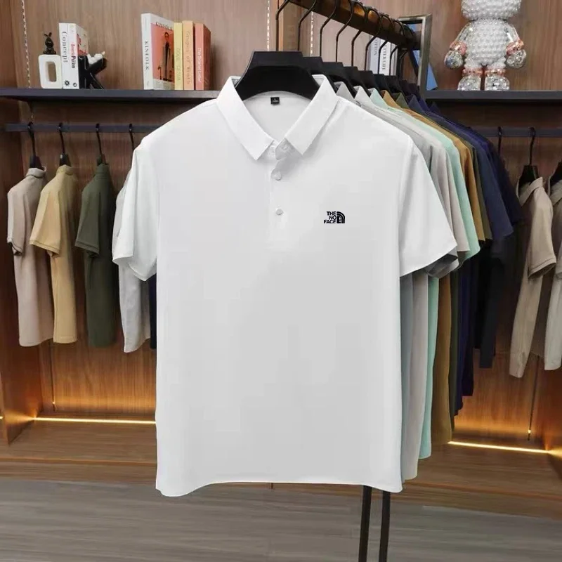 High quality ice silk polo shirt short sleeved men's high-end brand printed top comfortable and breathable casual summer T-shirt