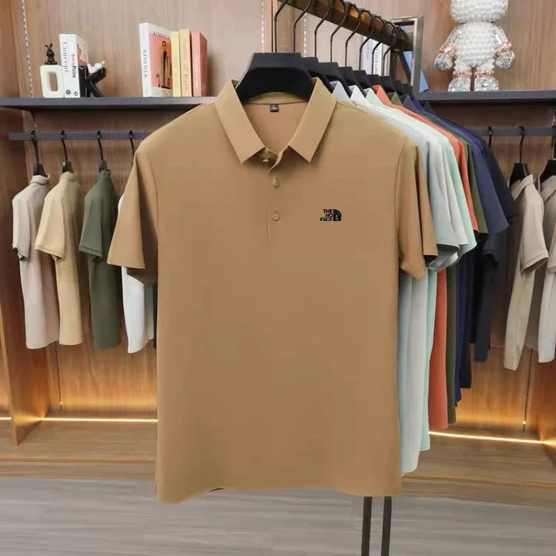 High quality ice silk polo shirt short sleeved men's high-end brand printed top comfortable and breathable casual summer T-shirt