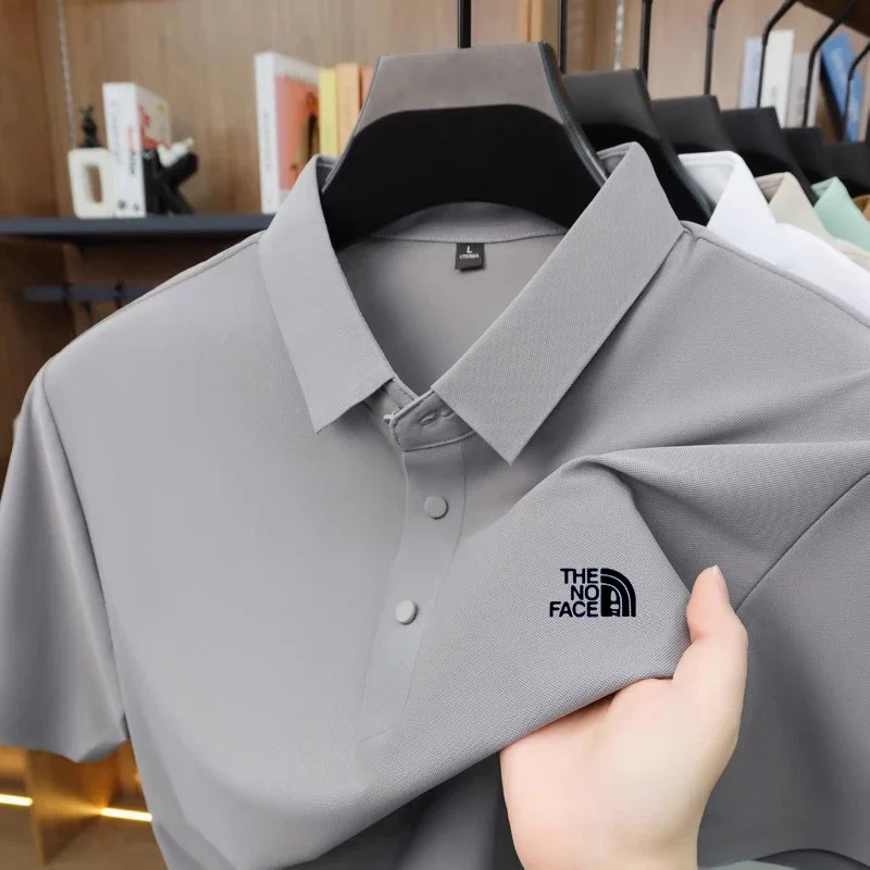 High quality ice silk polo shirt short sleeved men's high-end brand printed top comfortable and breathable casual summer T-shirt