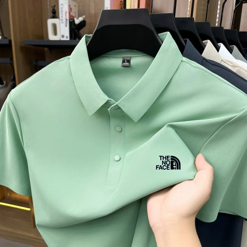 High quality ice silk polo shirt short sleeved men's high-end brand printed top comfortable and breathable casual summer T-shirt