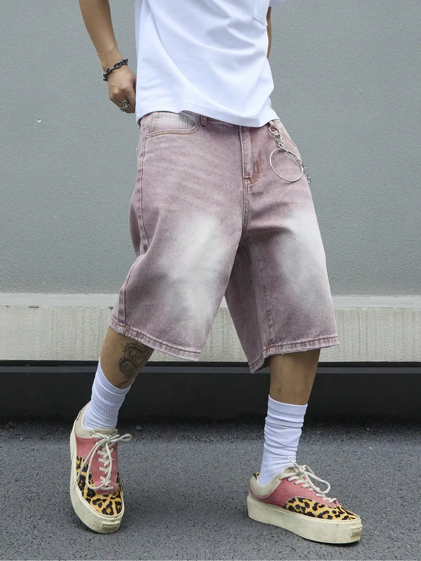 Men's Pink Gradient Denim Shorts Vintage Wash Baggy Jorts Wide Leg Streetwear Oversized Knee Length Summer Shorts Y2K Fashion