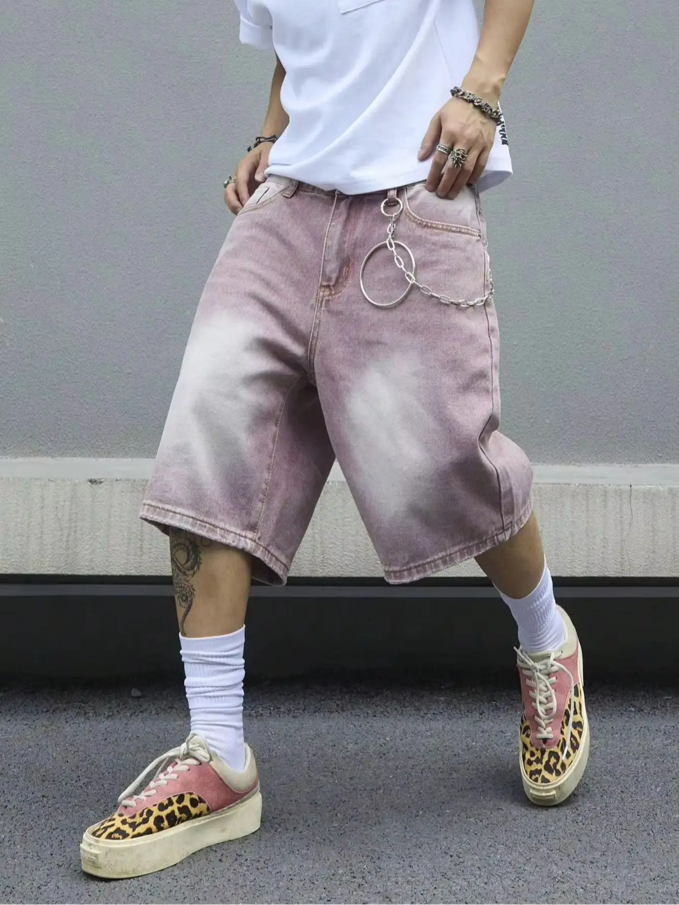 Men's Pink Gradient Denim Shorts Vintage Wash Baggy Jorts Wide Leg Streetwear Oversized Knee Length Summer Shorts Y2K Fashion
