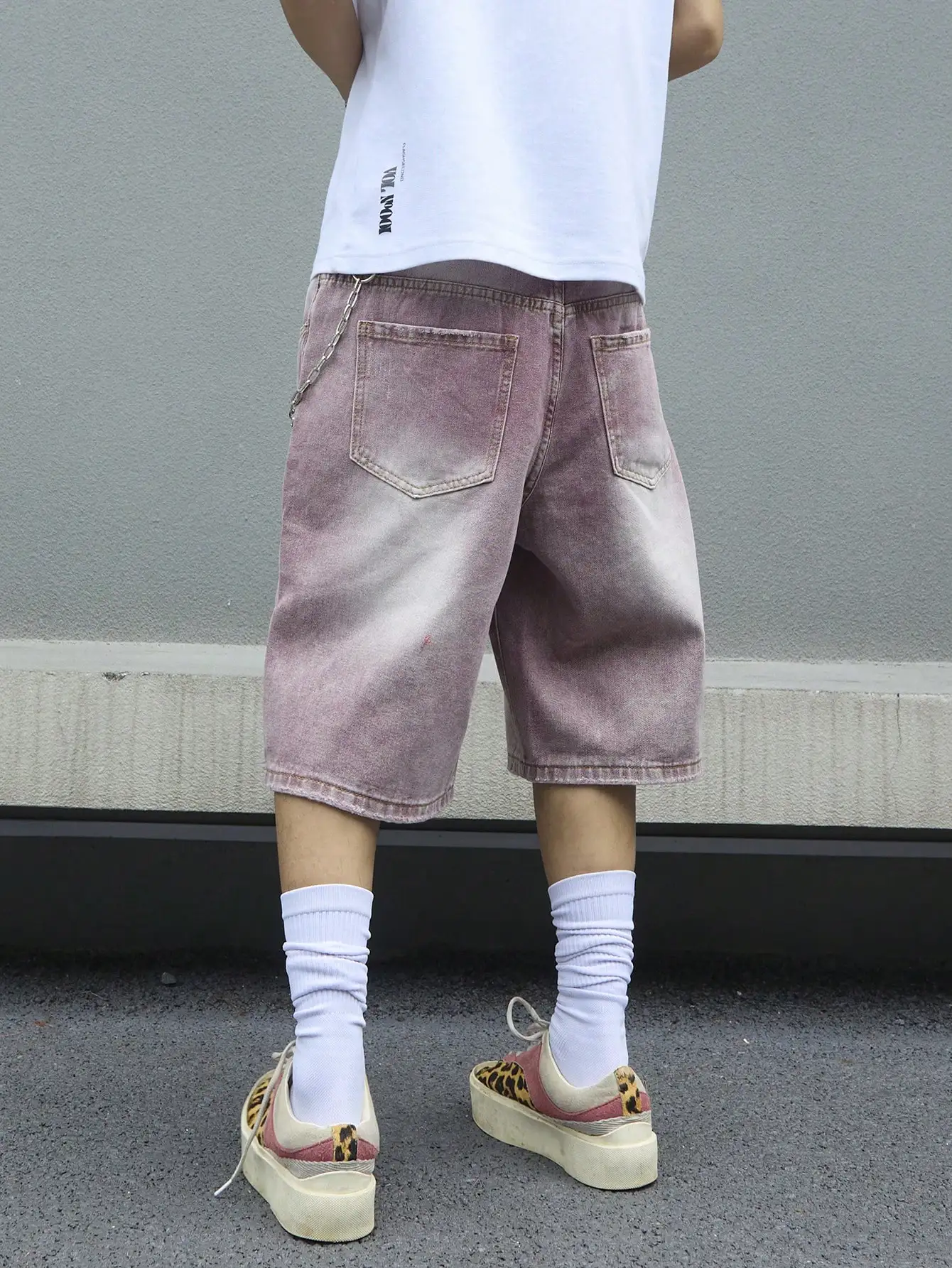 Men's Pink Gradient Denim Shorts Vintage Wash Baggy Jorts Wide Leg Streetwear Oversized Knee Length Summer Shorts Y2K Fashion