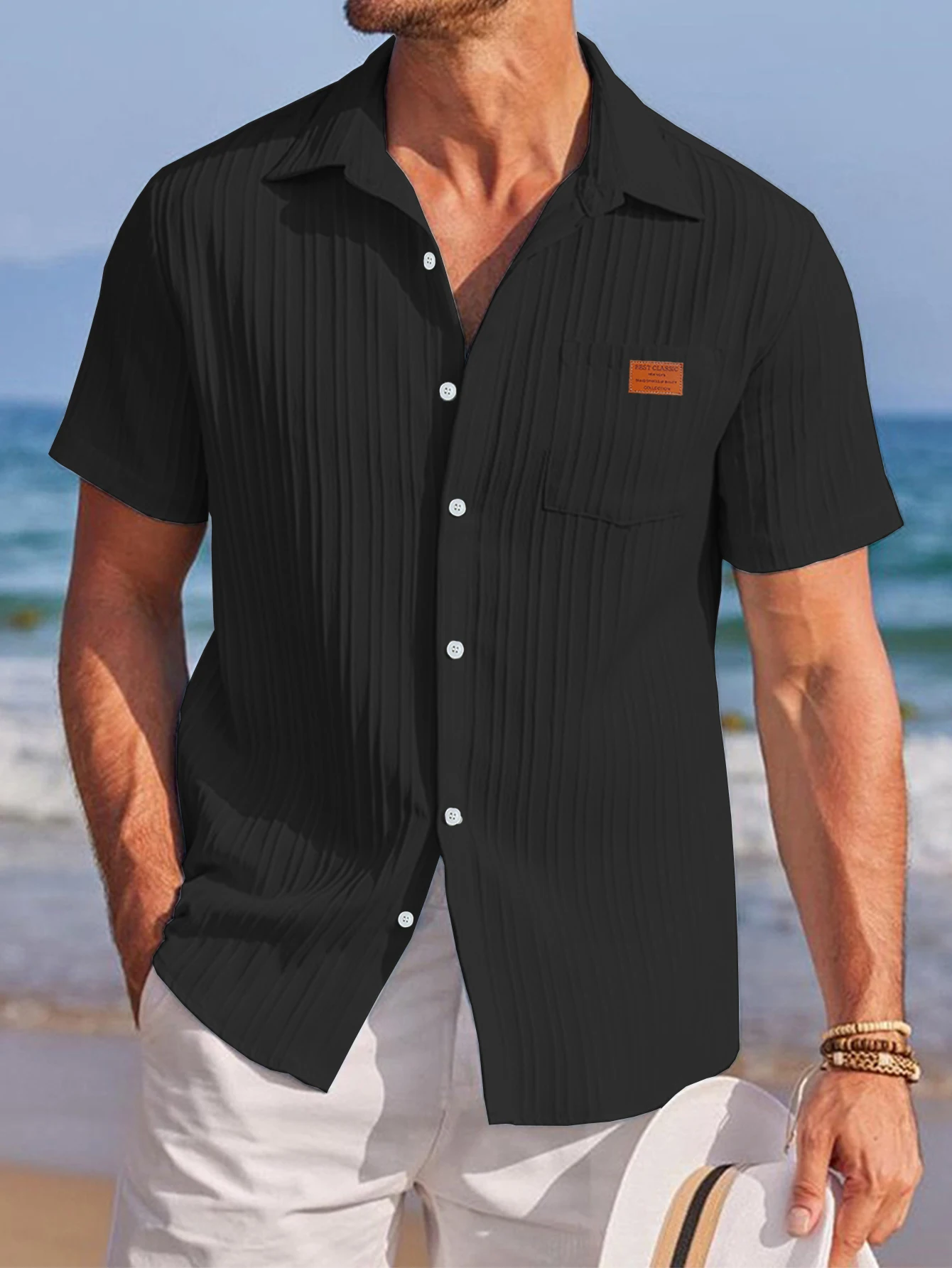 Men's Solid Textured Short Sleeve Shirt Loose Casual Comfy Top for Summer Men's Clothes for Daily Wear