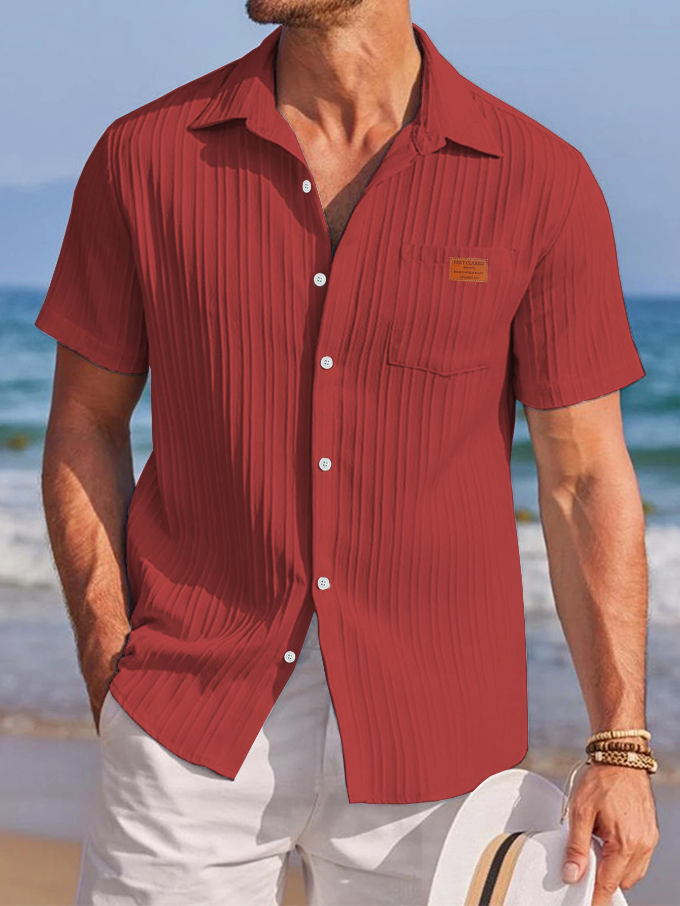 Men's Solid Textured Short Sleeve Shirt Loose Casual Comfy Top for Summer Men's Clothes for Daily Wear