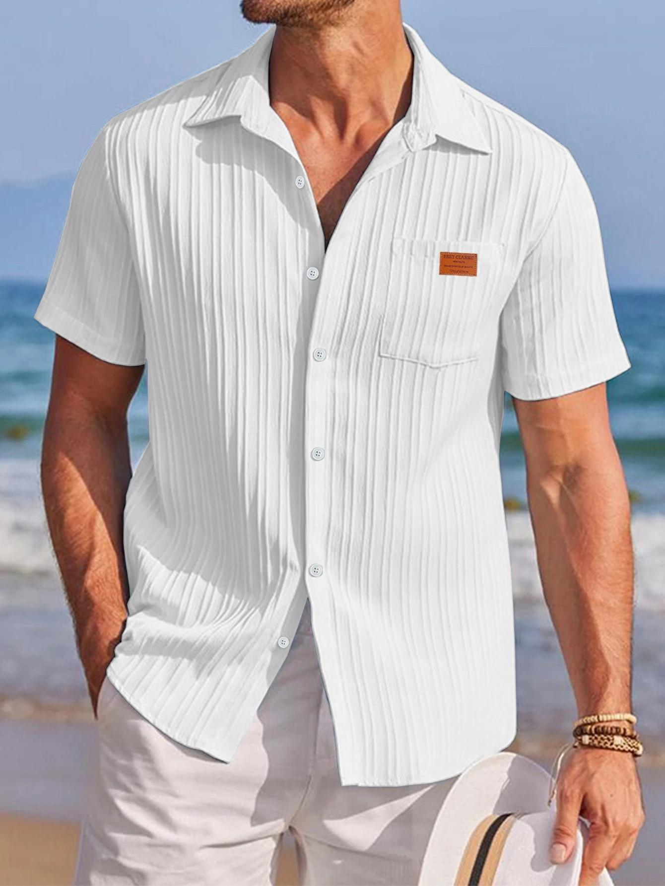 Men's Solid Textured Short Sleeve Shirt Loose Casual Comfy Top for Summer Men's Clothes for Daily Wear