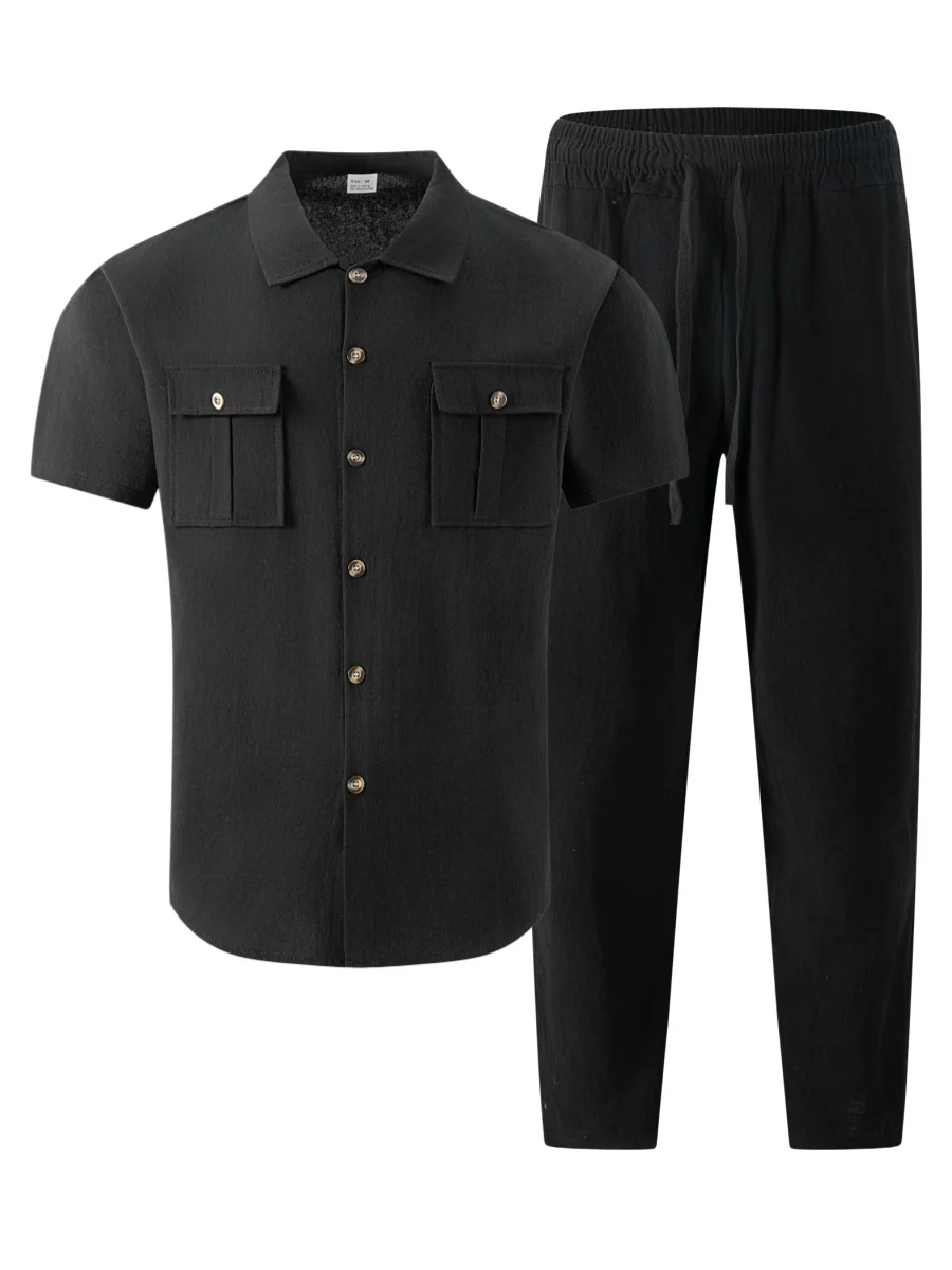 2026 Men's Casual Linen Textured Short Sleeve Shirt & Pants 2 Piece Set Streetwear Outfit