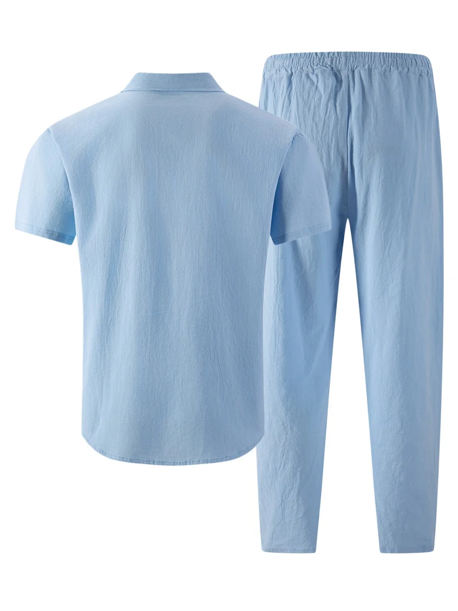 2026 Men's Casual Linen Textured Short Sleeve Shirt & Pants 2 Piece Set Streetwear Outfit