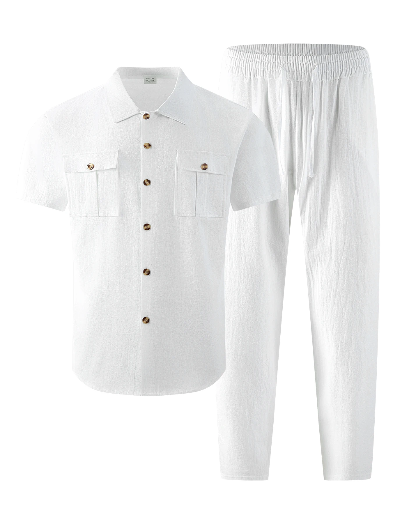 2026 Men's Casual Linen Textured Short Sleeve Shirt & Pants 2 Piece Set Streetwear Outfit