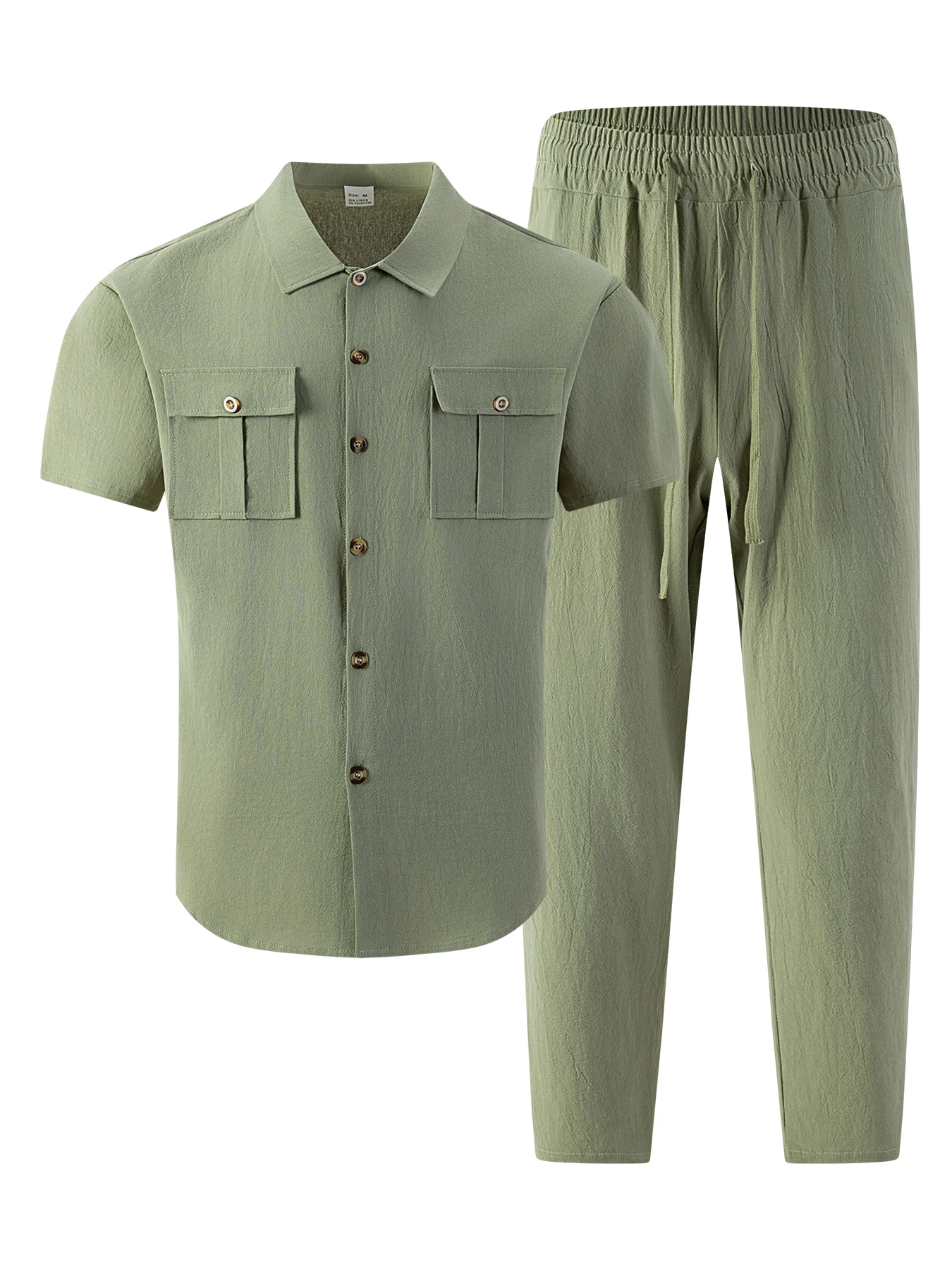 2026 Men's Casual Linen Textured Short Sleeve Shirt & Pants 2 Piece Set Streetwear Outfit