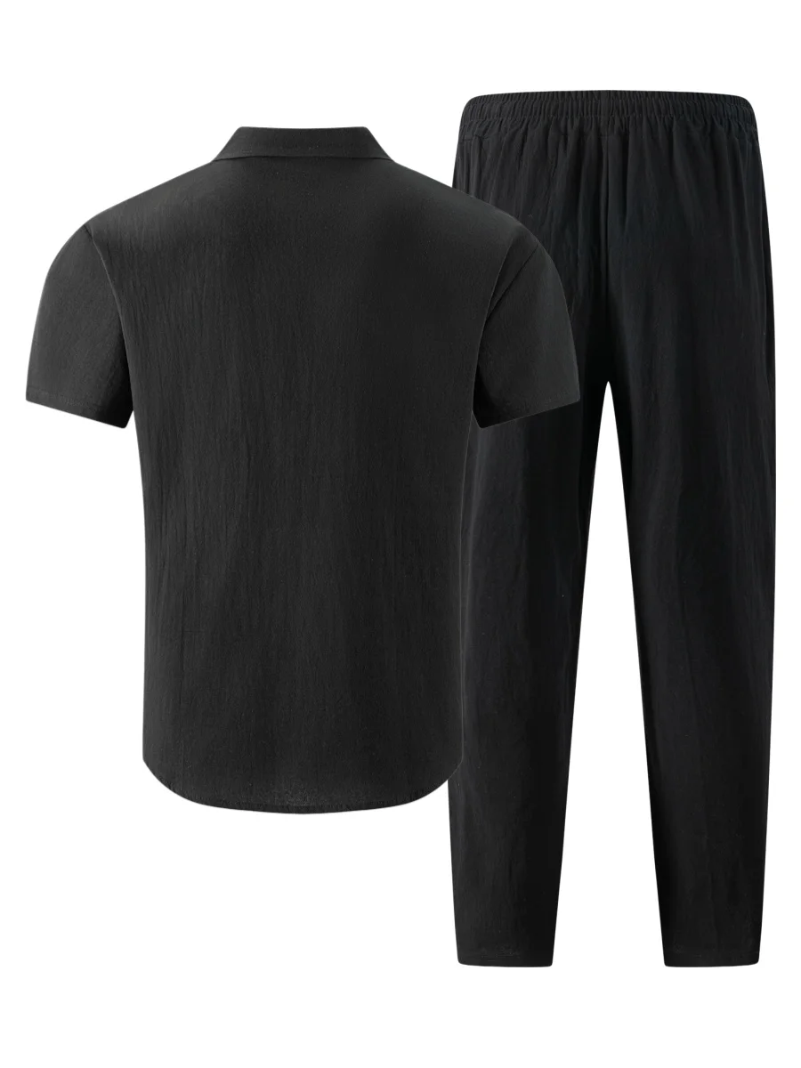2026 Men's Casual Linen Textured Short Sleeve Shirt & Pants 2 Piece Set Streetwear Outfit