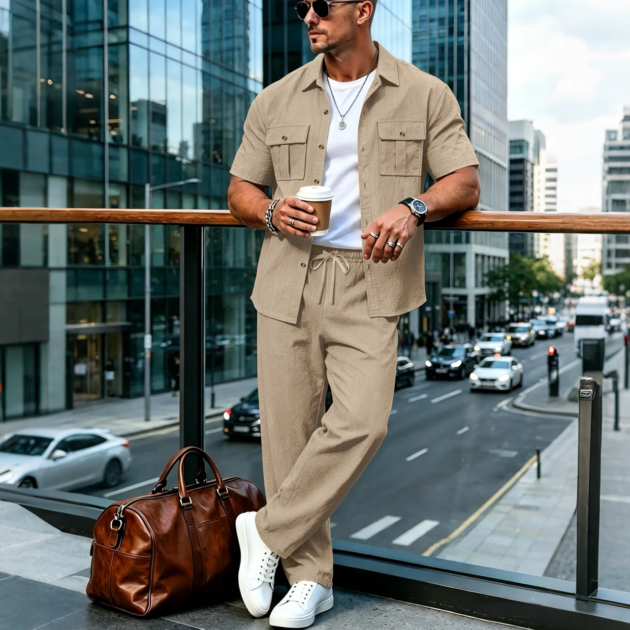 2026 Men's Casual Linen Textured Short Sleeve Shirt & Pants 2 Piece Set Streetwear Outfit