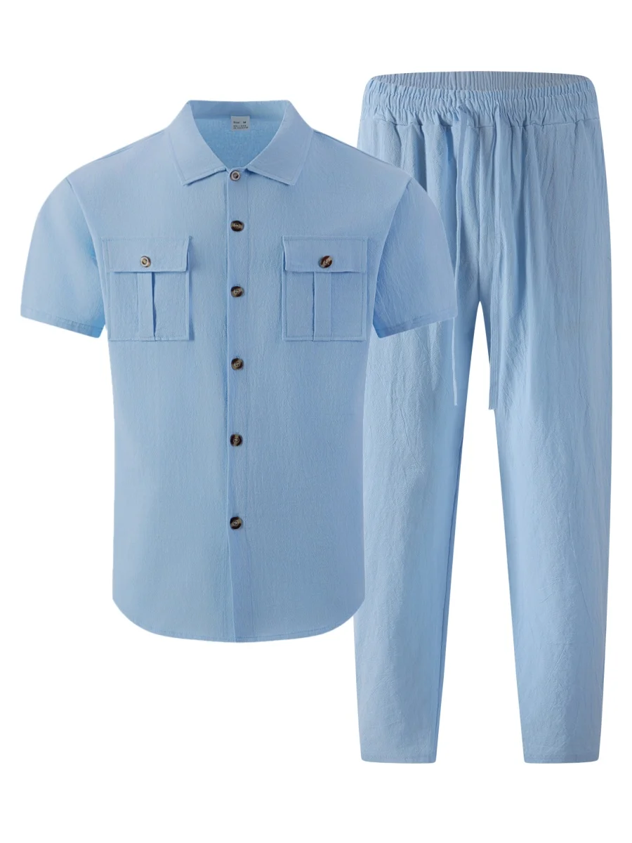 2026 Men's Casual Linen Textured Short Sleeve Shirt & Pants 2 Piece Set Streetwear Outfit