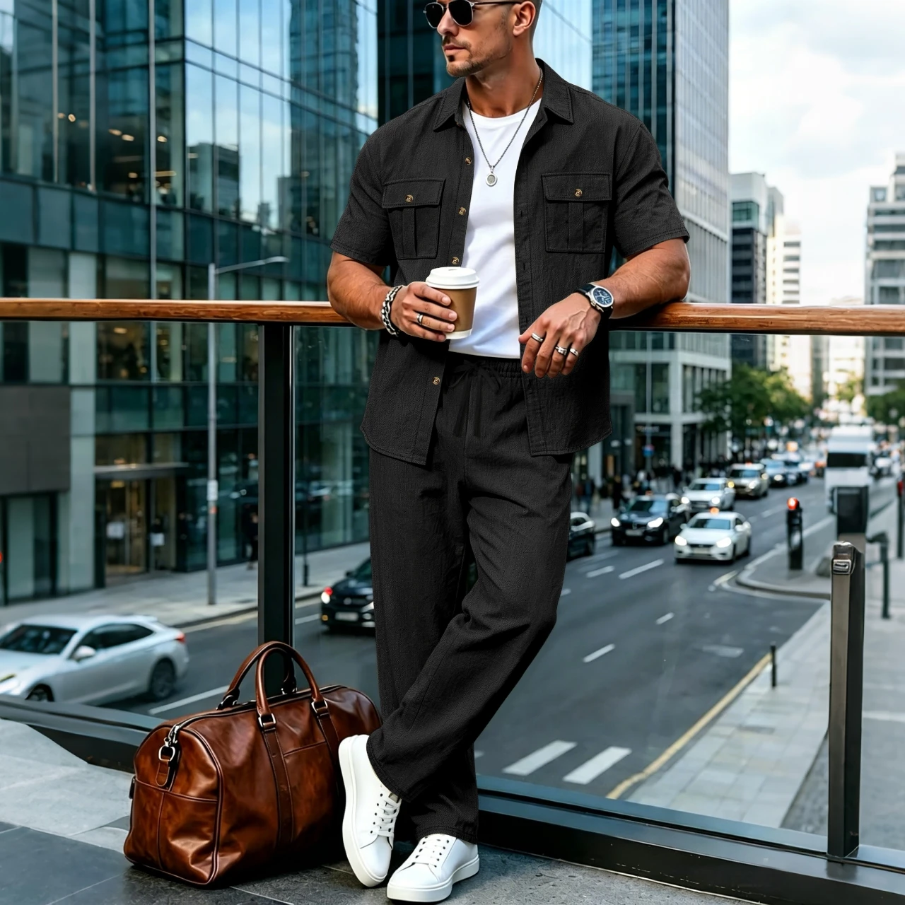 2026 Men's Casual Linen Textured Short Sleeve Shirt & Pants 2 Piece Set Streetwear Outfit