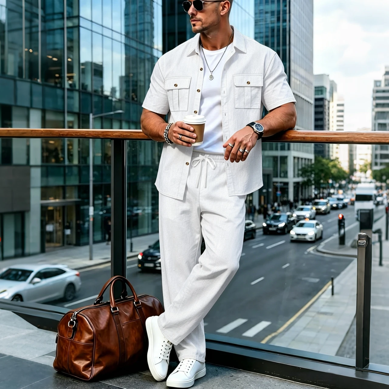 2026 Men's Casual Linen Textured Short Sleeve Shirt & Pants 2 Piece Set Streetwear Outfit