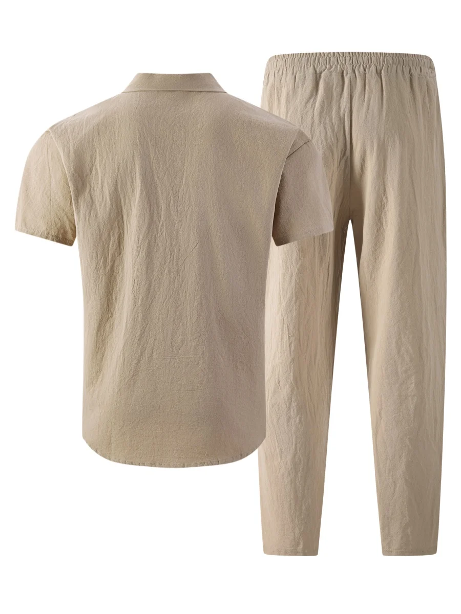 2026 Men's Casual Linen Textured Short Sleeve Shirt & Pants 2 Piece Set Streetwear Outfit
