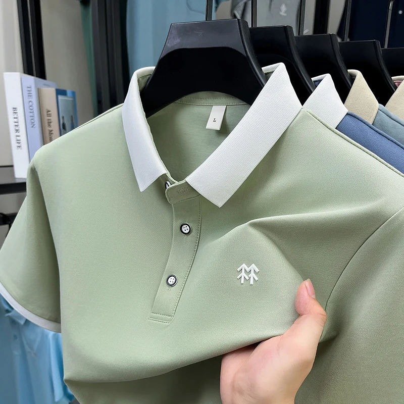 Designer brand silk cotton short sleeve polo shirt summer new Korean casual men's T-shirt fashion embossed soft breathable top