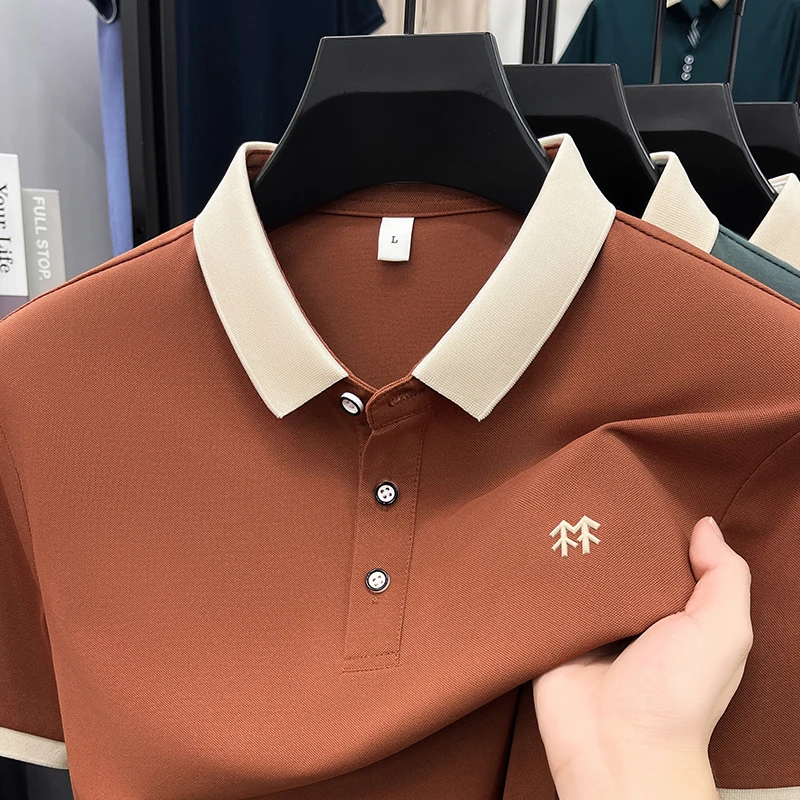 Designer brand silk cotton short sleeve polo shirt summer new Korean casual men's T-shirt fashion embossed soft breathable top