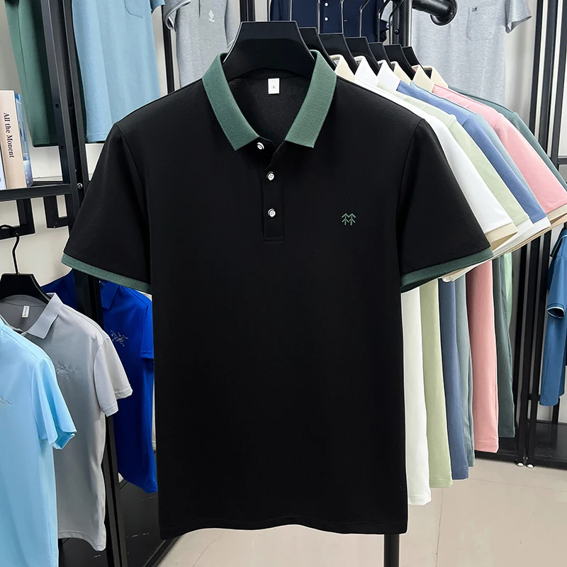 Designer brand silk cotton short sleeve polo shirt summer new Korean casual men's T-shirt fashion embossed soft breathable top