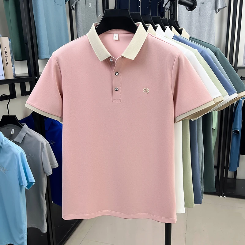 Designer brand silk cotton short sleeve polo shirt summer new Korean casual men's T-shirt fashion embossed soft breathable top