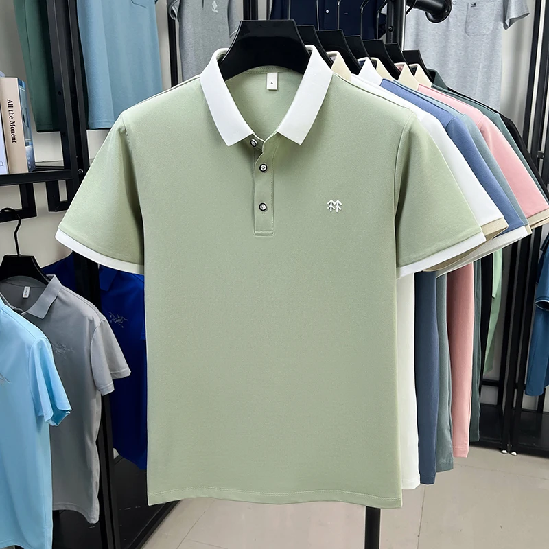 Designer brand silk cotton short sleeve polo shirt summer new Korean casual men's T-shirt fashion embossed soft breathable top