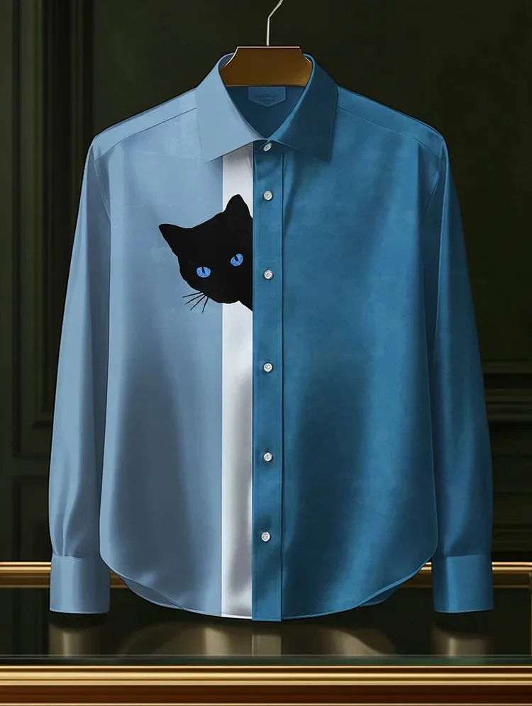 Men's Funny Shirts Harajuku Japanese Men Fun Hide And Seek Black Cat Print Casual Shirt 2025 Summer Holiday 3D Printing Blouse T