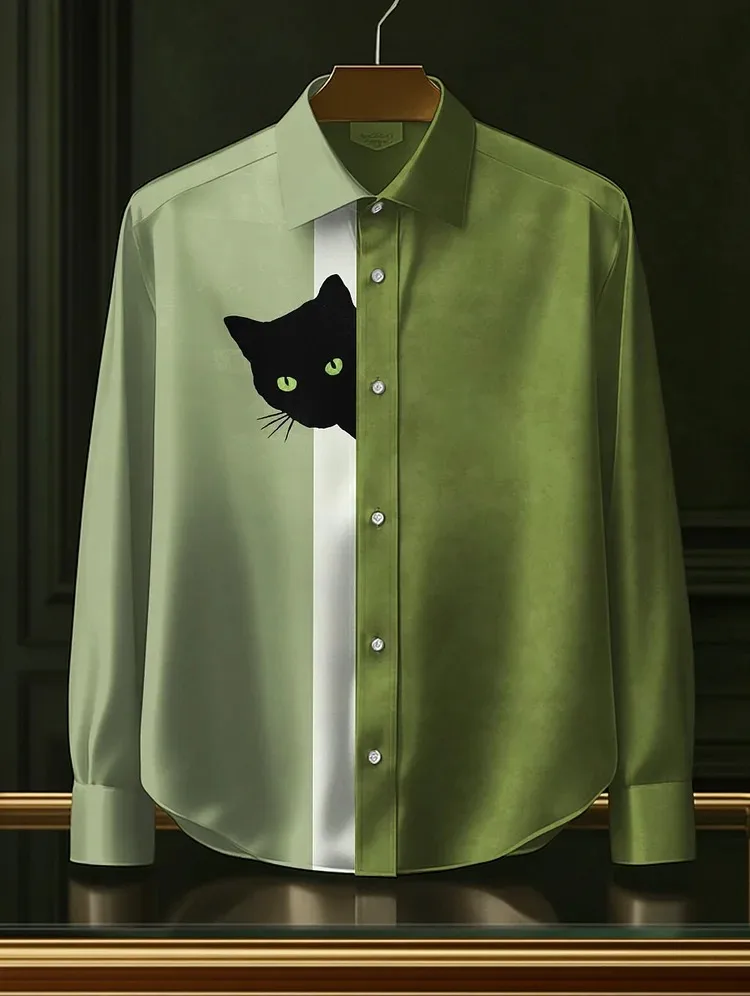 Men's Funny Shirts Harajuku Japanese Men Fun Hide And Seek Black Cat Print Casual Shirt 2025 Summer Holiday 3D Printing Blouse T