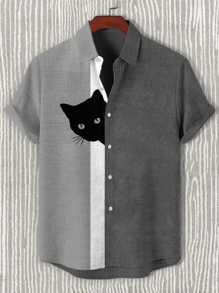 Men's Funny Shirts Harajuku Japanese Men Fun Hide And Seek Black Cat Print Casual Shirt 2025 Summer Holiday 3D Printing Blouse T