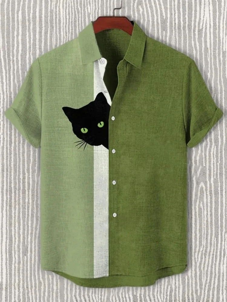 Men's Funny Shirts Harajuku Japanese Men Fun Hide And Seek Black Cat Print Casual Shirt 2025 Summer Holiday 3D Printing Blouse T