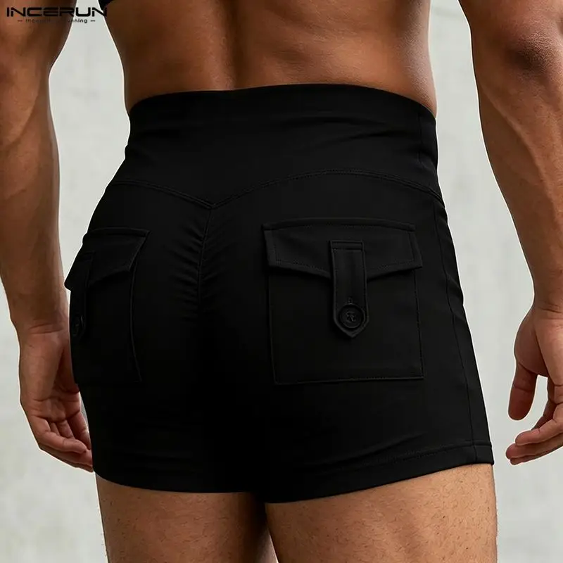 INCERUN Men's Shorts Solid Color Elastic Waist Joggers Men Bottoms Streetwear Summer Pockets 2026 Fashion Casual Shorts For Man