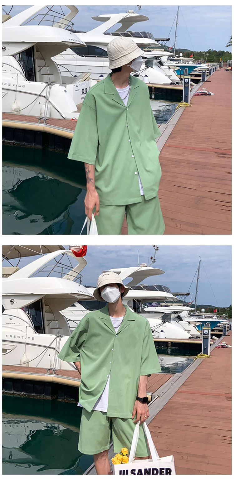 2Pieces(Shirts+Shorts)Men Sets Plus Size 5XL-M Summer Loose Short Sleeve Shirt and Knee Length Shorts Men's Sets Casual Clothing