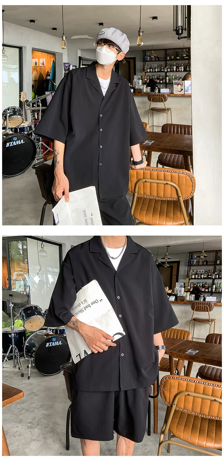 2Pieces(Shirts+Shorts)Men Sets Plus Size 5XL-M Summer Loose Short Sleeve Shirt and Knee Length Shorts Men's Sets Casual Clothing
