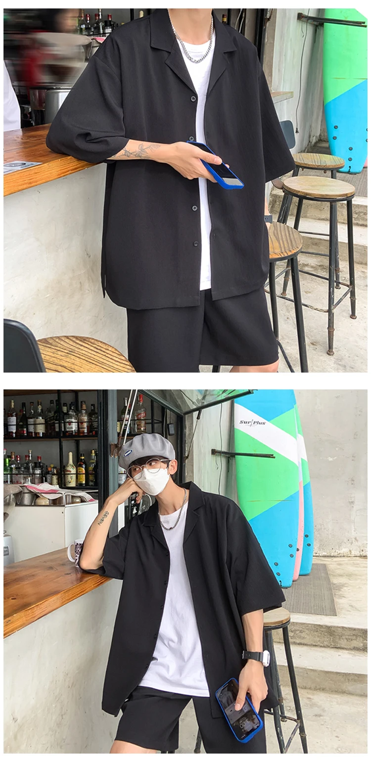 2Pieces(Shirts+Shorts)Men Sets Plus Size 5XL-M Summer Loose Short Sleeve Shirt and Knee Length Shorts Men's Sets Casual Clothing